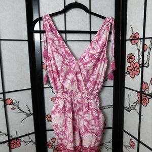 BeBop Pink and White Floral Shorts Jumpsuit Romper with V-Neck And Tassles